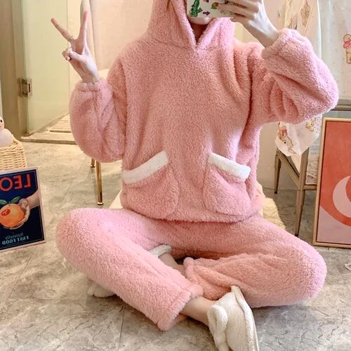 Pyjama Femme Hiver - 2 Pièces Flanelle/Polaire - Haut Ample & Pantalon Large - Confortable Et Chaud - Idéal Détente